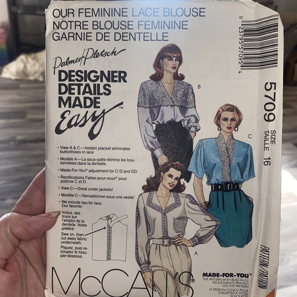 McCall's 5709 Misses Blouses Lace Sewing Pattern Sz 16 Uncut Palmer Pletsch